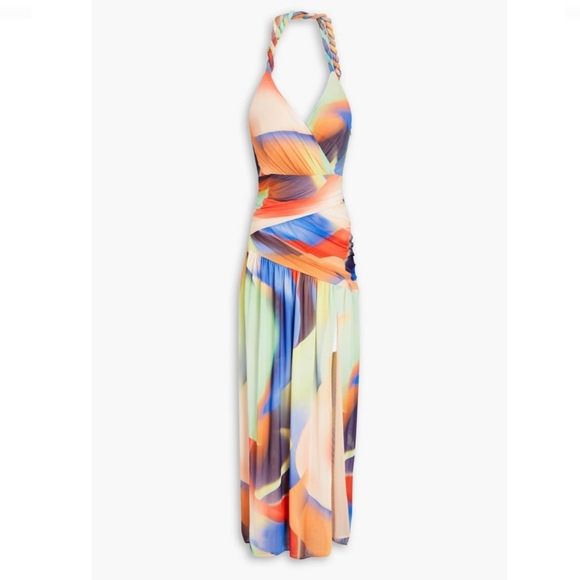 NICHOLAS Bristol Ruched Printed Mesh Halterneck Multicolor Slit Midi Dress - Picture 14 of 14